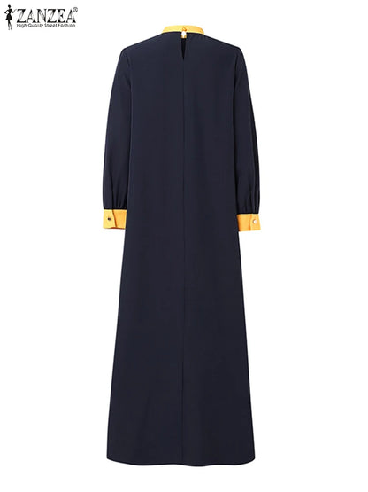 ZANZEA Women Autumn Patchwork Long Sleeve Maxi Dresses Muslim Turkey Abaya Dress Hijab Sundress Robe Femme Loose Vestidos Kaftan.