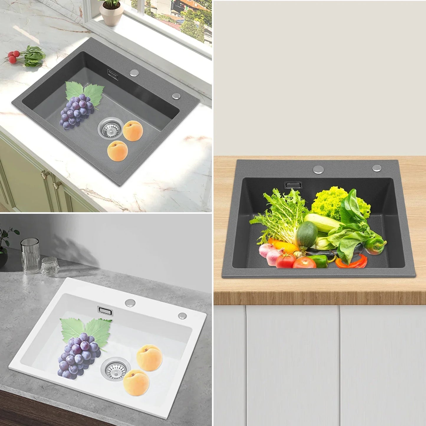Küchenspüle, Quarzstein-Waschbecken, Abflussrohr, Abflusskorb, 55 x 45 cm, drehbarer Abfluss, Waschbecken für Badezimmer