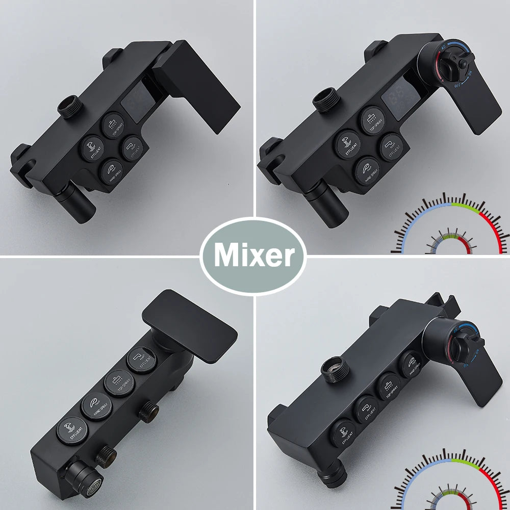 Black Thermostatic Shower Faucet Set For Bathroom Smart Display Hot Cold Water Mixer Tap Wall Mounted Rainfall System With Bidet