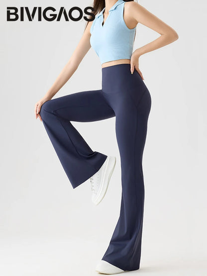 BIVIGAOS Naked Feeling Back Waist Pocket Sharkskin Micro Flared Leggings Women's Tight Sexy Sports Fitness Yoga Casual Pants.