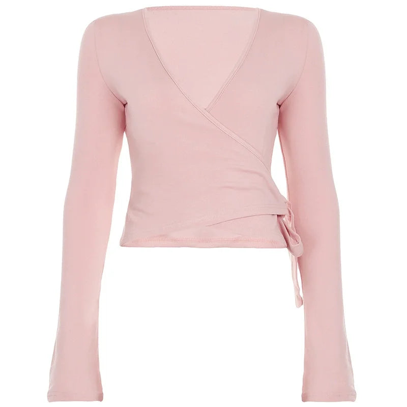 Apprabant Casual Fashion Drawstring High Waist Trousers Set Lace Up Flared Sleeve V Neck Twist Tops Plush Loose Pants Suit