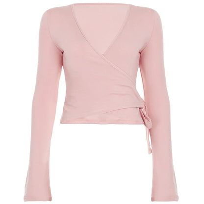 Apprabant Casual Fashion Drawstring High Waist Trousers Set Lace Up Flared Sleeve V Neck Twist Tops Plush Loose Pants Suit