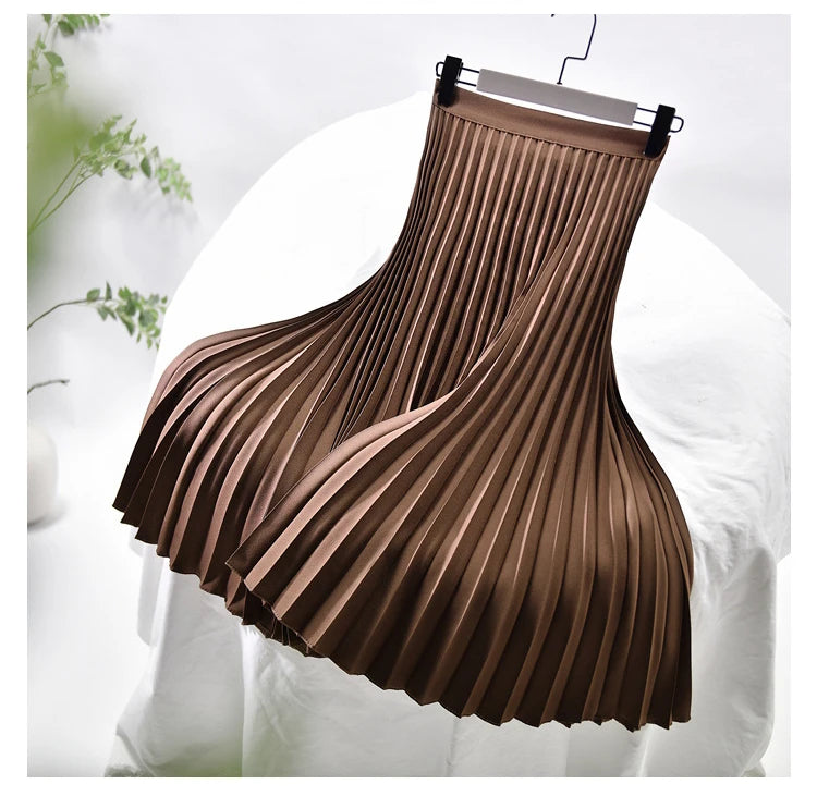 Looks Thin Pleated Skirt 2025 New High Waist A-line Skirt Mid-length Big Size Plaid Skirt Long Pleated Skirt Length 75-90cm.