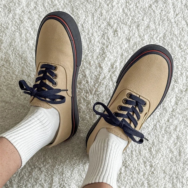 Boys' Casual Canvas Skateboard Shoes with Patchwork Low Cut Shoes Men's Minimalist Fashion Sneakers Trendy Lace Up Flat Bottom.