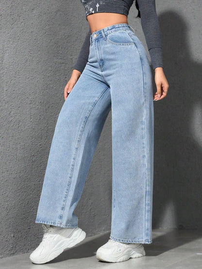 Retro Loose Wide Leg Jeans Fashion Women Solid Straight Wash High Elastic Waist Denim Pants Casual Streetwear Pocket Trousers.