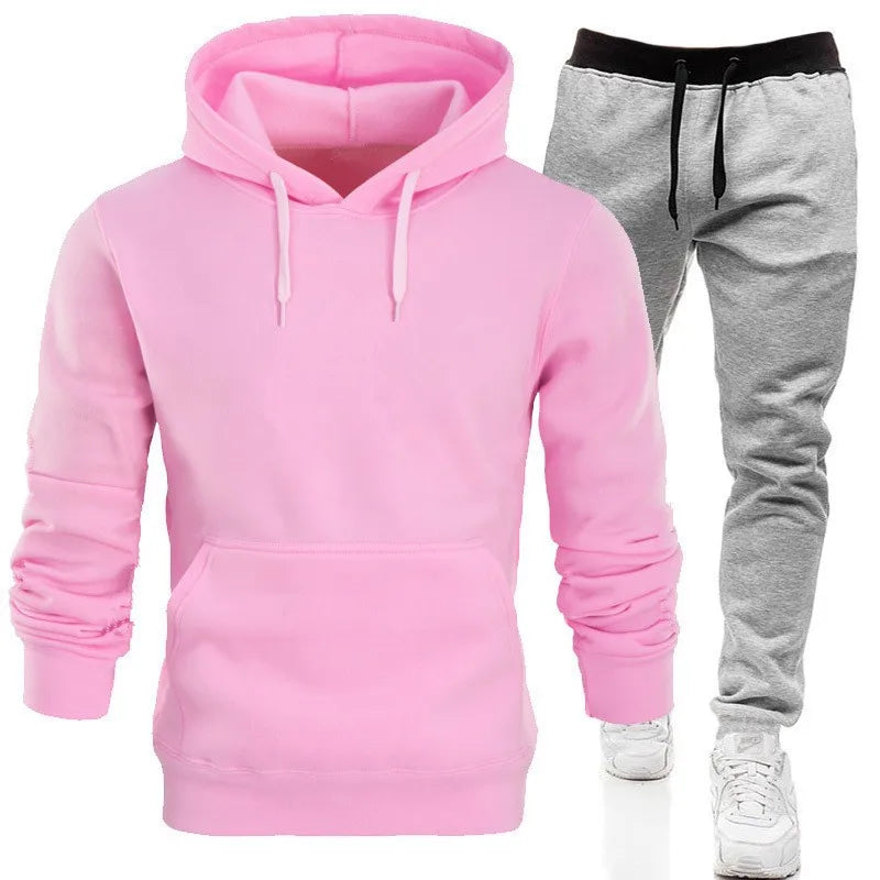 Men's Hooded Solid Color Pullover Set Two-Piece Sweater Sport Pants.