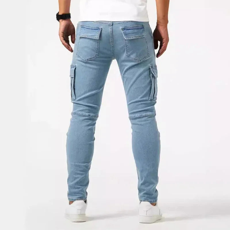 Men Casual Pencil Jeans Male Elastic Multi Pocket Small Slim High Street Denim Pants Wash Solid Color Mid Waist Cargo Jeans.