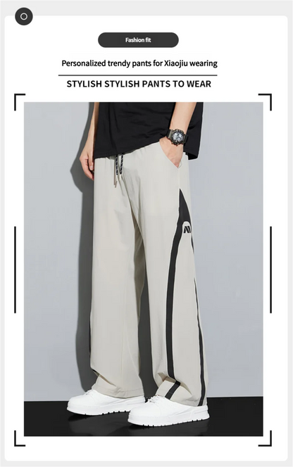 2025 Summer Ice Silk Casual Pants Boys Casual Peplum Pants Handsome Straight Colorblocking Sports Pants.