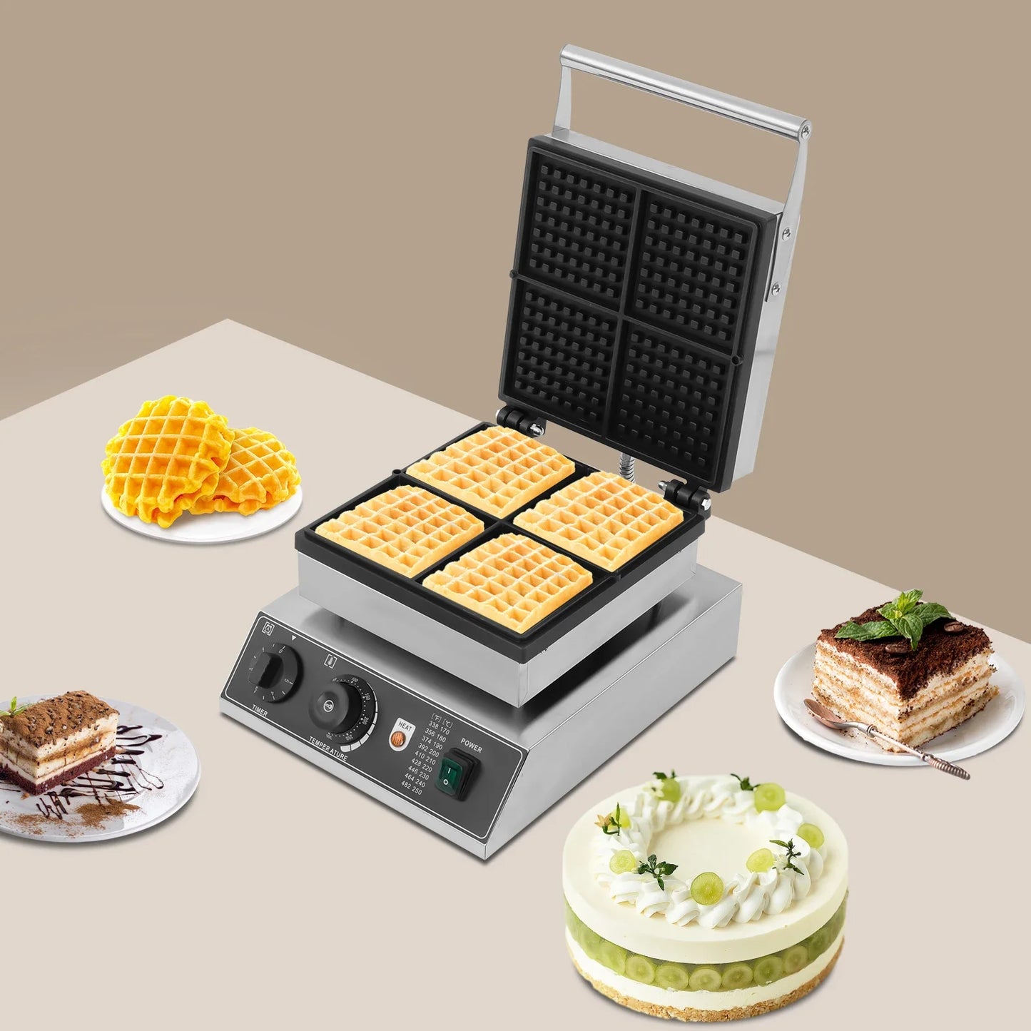 2000 W Commercial Waffle Maker Waffle Machine with Timer, 4 Extra Thick Square, Temperature Adjustable, Non-Stick Coating.