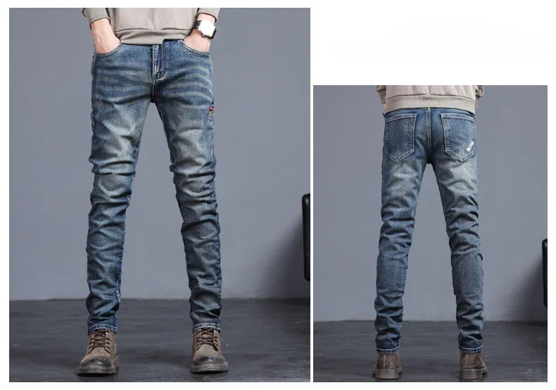 New Men's Vintage Jeans Korean Fashion Slim Little Feet Embroidered Trousers Stretch Male Streetwear Denim Pants.