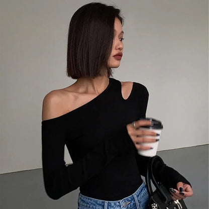Fashion Skew Collar Off-shoulder Long-sleeved T-shirts Women Spring New Solid Slim Fit Crop Top Sexy Hollow Out Tees Shirts.