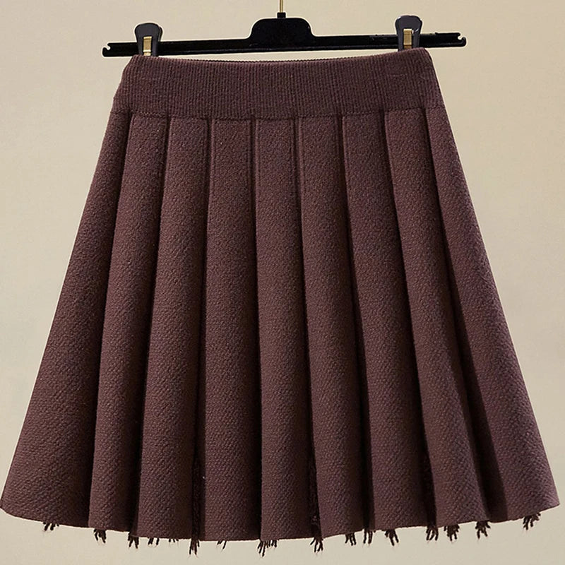 All Match Knitting Short Pleated Skirt Women Autumn Winter 2025 High Waist Mini Skirts Woman Casual Solid Thick A Line Skirts.