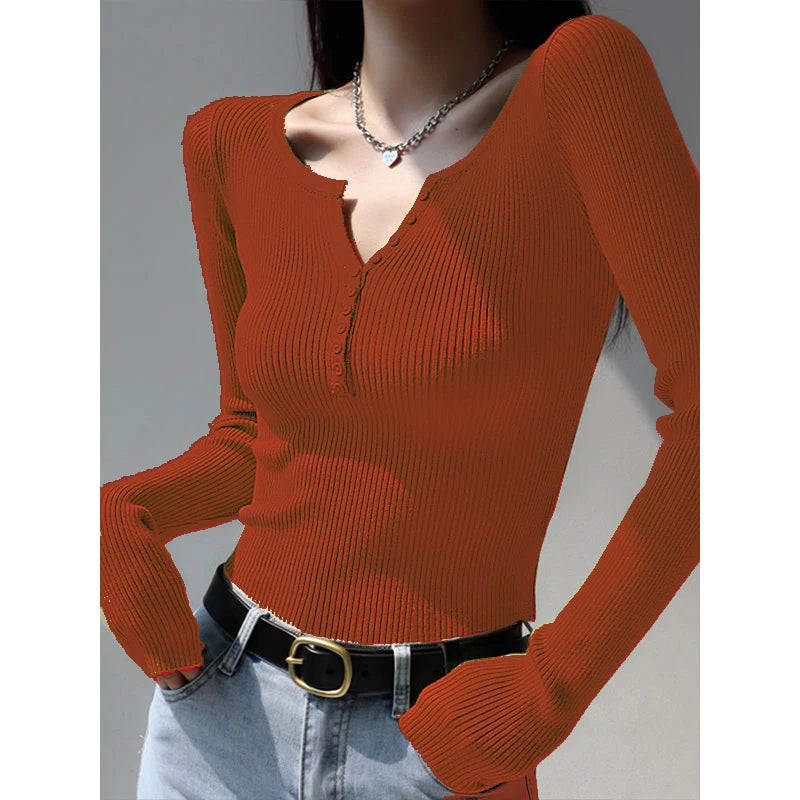 2026 weibliche Casual Tops Pullover Warme V-ausschnitt Frauen Herbst Winter Gestrickte Dünne Pullover Feste Taste Volle Hülse Pullover.