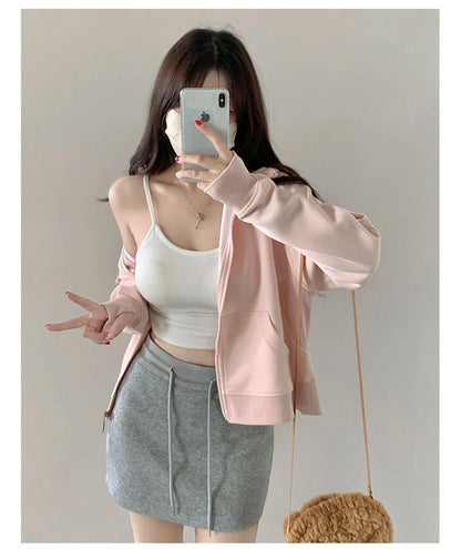 Frühherbstliche, schicke, lässige Kapuzenjacke, schmale Passform, langärmeliges, kurzes Oberteil, warme Strickjacke mit Reißverschluss, koreanischer Stil, Kapuzenpullover.