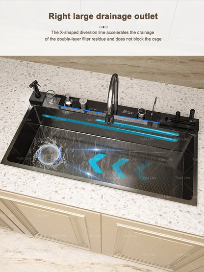 Golden Stainless Steel Kitchen Sink Waterfall Outlet Large Single Sink Digital Display Dishwashing and Vegetable Sinks