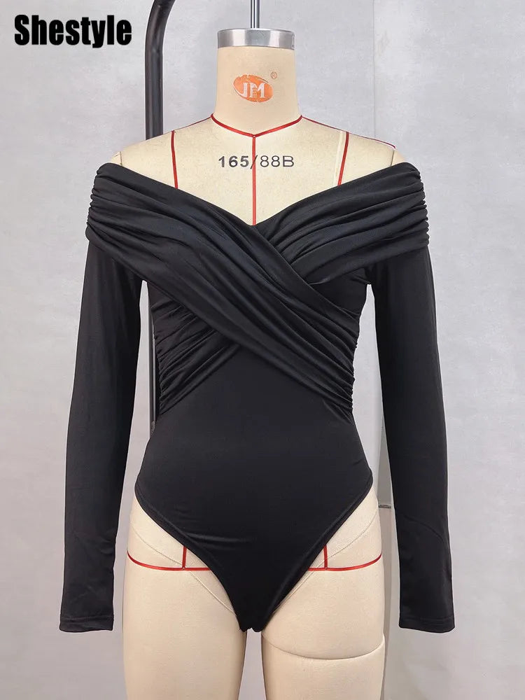 Shestyle Off Shoulder Slash Neck Bodysuits Women Overlap Solid Long Sleeve Basic T-Shirt Pleated Cross Bodycon Fashion Trendy.