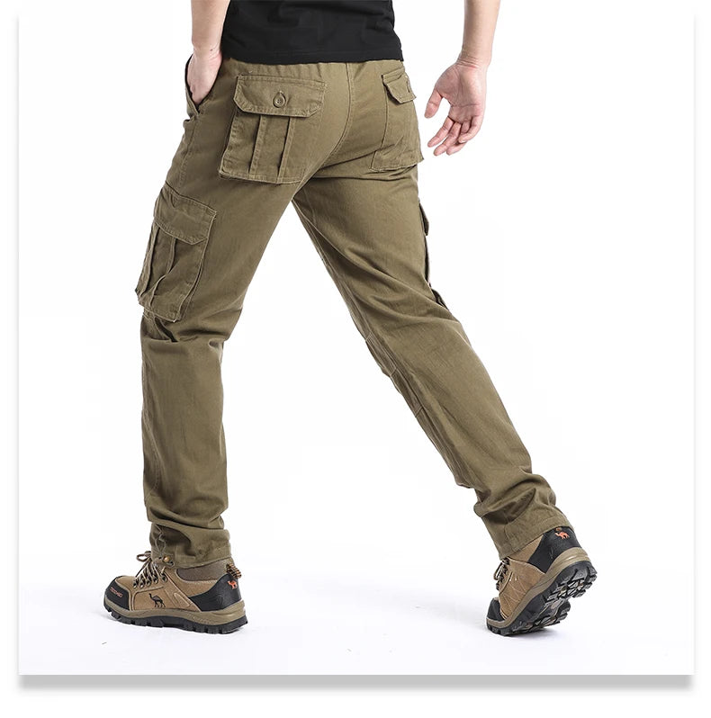 Large Pocket Loose Overalls Men's Outdoor Sports Jogging Tactical Pants Elastic Waist Pure Cotton Casual Work Pants.