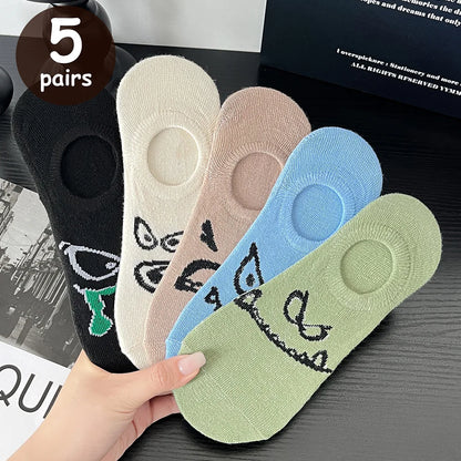 5 Pairs Women Cartoon Patterned Socks Trendy Versatile Breathable Sweat Wicking Deodorizing Antibacterial Comfortable Socks.