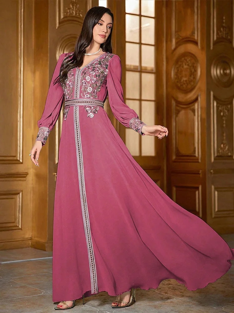 Eid Frauen Kleid Abaya Kaftan Muslimischen V-ausschnitt Stickerei Party Robe Jalabiya Ramadan Marokko Dubai Kaftan 2025, Vestidos Largos.