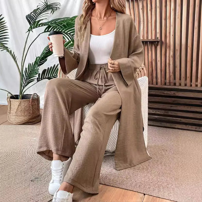 Clothes Autumn open-collar Solid Color Long Loose Top + Drawstring Wide-leg Trousers Trajes De Mujer Conjunto 2 Piezas Elegantes.