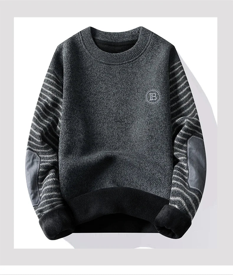 Men's Sweater Patckwork Round Neck Pullovers Fleece Lined Thick Warm Winter Knitwear Fashion Jumpers Men's Clothes.