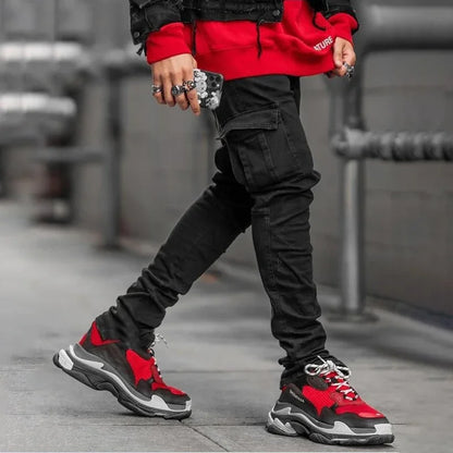 Männer Straße elastische Jeans Jeans waschen einfarbige Multi-Taschen Cargo hose lässig Slim Fit täglich tragen Jogger mittlere Taille Hose.