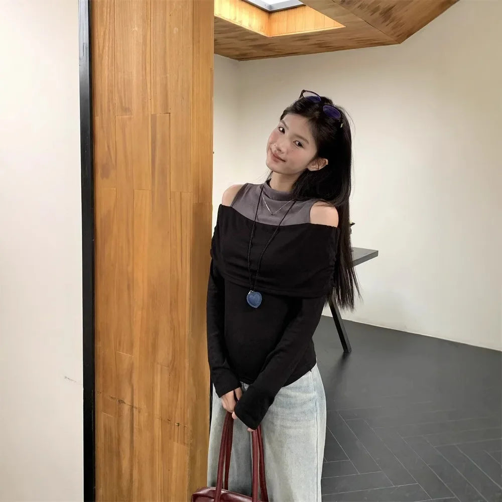 Retro American Shoulder Bared Long Sleeve T Shirt Women Spring Autumn Spicy Girl Fake Two Piece Base Shirt High Collar Polyester.