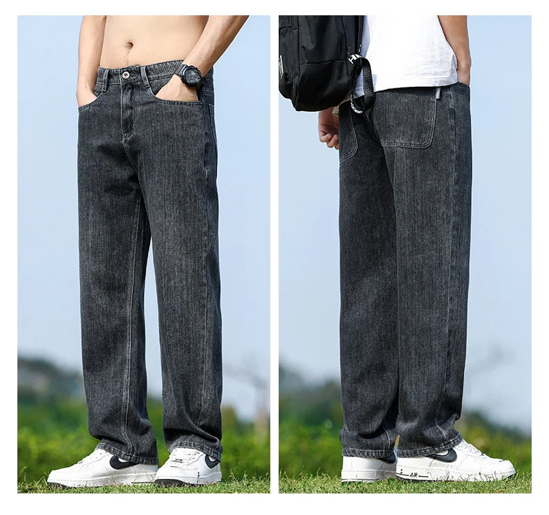 Mens Minimalist Loose Straight Wide Leg Denim Jeans 2025 Autumn Winter Retro Drape Comfortable Casual Pants Plus Size 38.