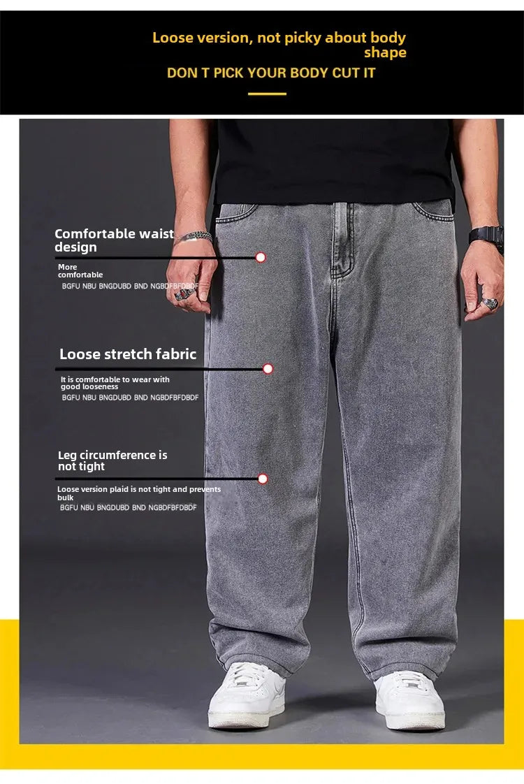 Plus Size Jeans Men's Autumn Loose-Fit Straight-Leg Casual Denim Pants Elastic Waist Wide-Leg Design For Plus Size Men.