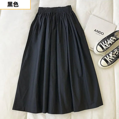 Women Black skirt midi High waist korean style Pleated a line Vintage Clothing 2025 new Summer Casual Fashion Ladies Work Wear