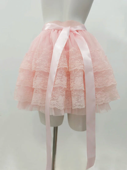 Multilayered Lace Skirts for Sweet Girls Summer Ribbons Bows Decoration Elastic Waist Lolita Style White Skirt Kawaii Clothes.