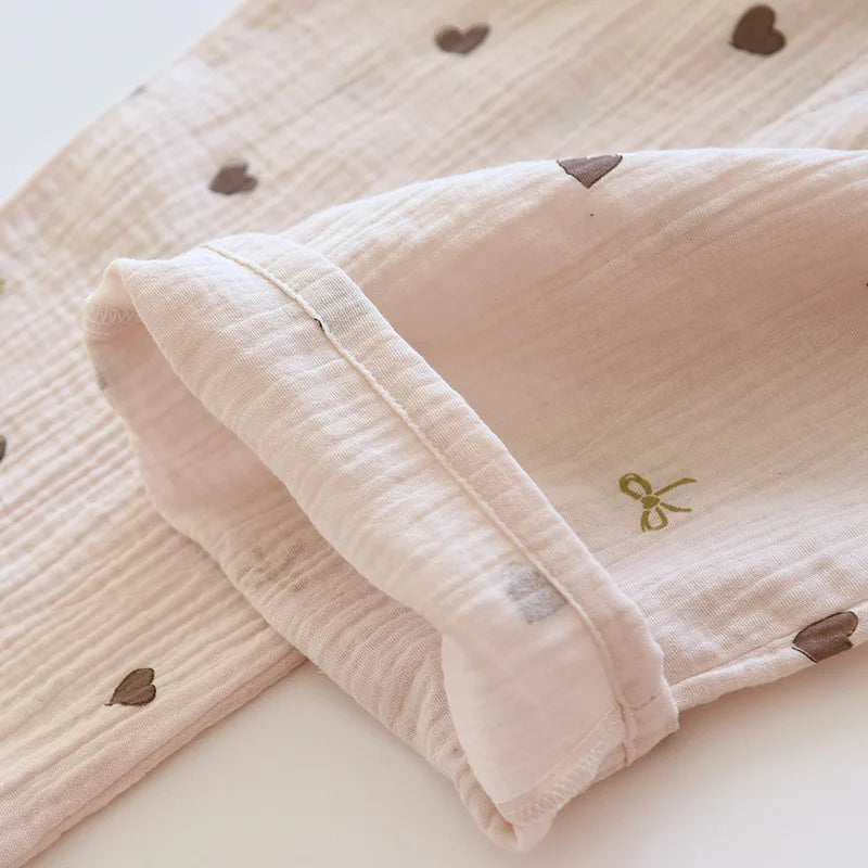 2025 neue Frühjahr/Sommer frauen Pyjama Set 100% Baumwolle Crepe Nette Liebe Langarm Lange Hosen Zwei Stück set Strickjacke Hause Kleidung.