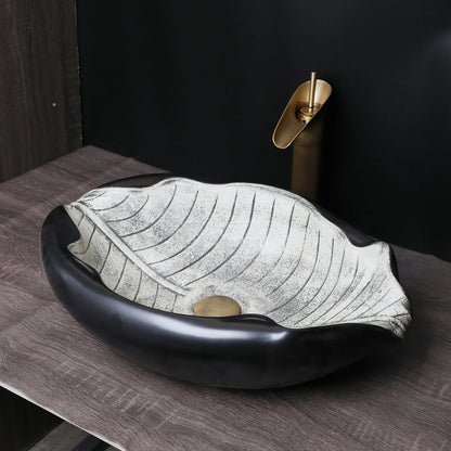 KEMAIDI Art Keramik-Badezimmerwaschbecken-Set, Waschbecken im Blatt-Stil mit Wasserfall, Antik-Messing-Wasserhahn und Abfluss, hochwertige Waschbecken aus Porzellan