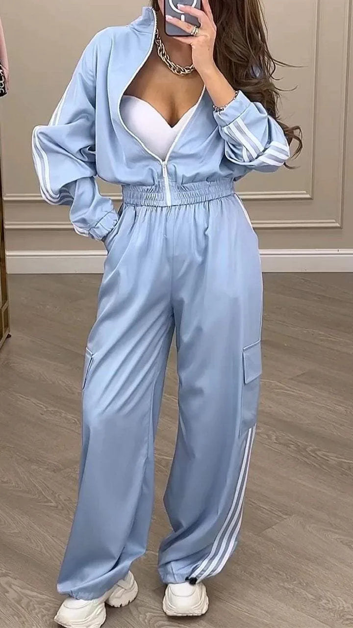 Sports Trousers Loose White Casual Women's Set Fashion Zipper High-waisted Hoodie + Wide-leg Overalls 2-piece Sweatshirt Suit.