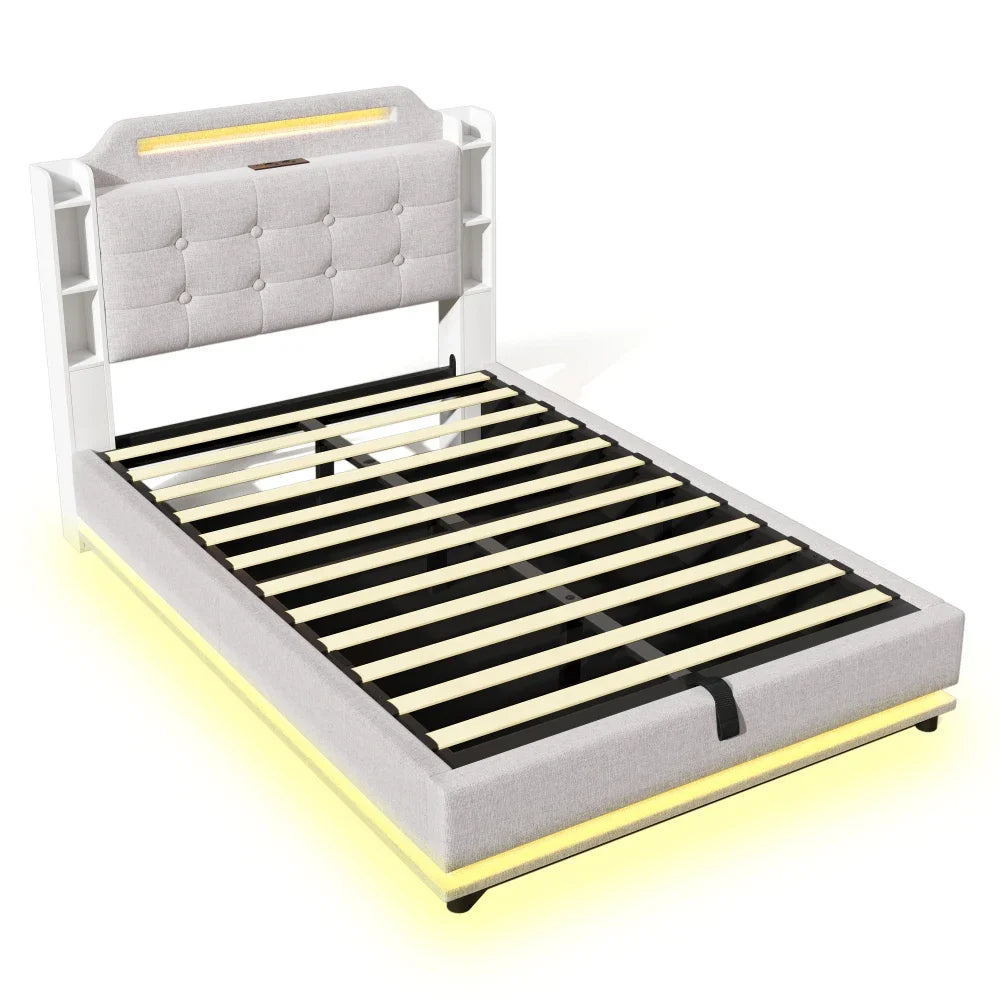 140*200cm Polsterbett mit LED-Lichtleiste und mehreren Ablagefächern, für Schlafzimmerwäsche, Beige (ohne Matratze)
