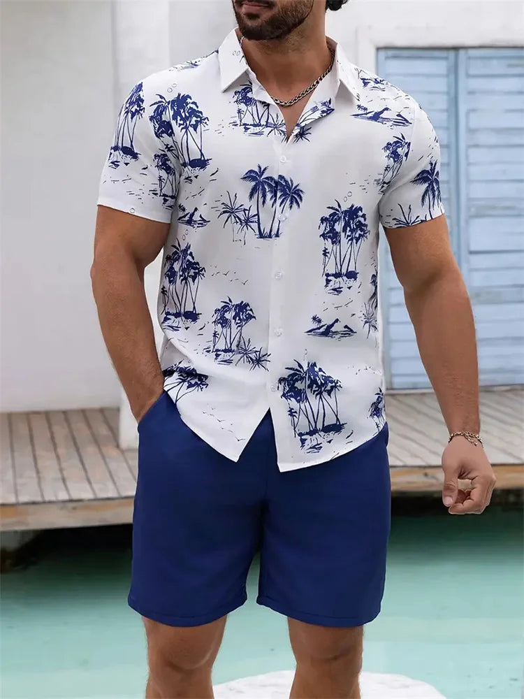 Men's Hawaii Shirt Set Men's 3D Printed Short Sleeve Shirt Shorts Two Piece Summer Beach Lapel Shirt Set Unisex Casual Clothing.