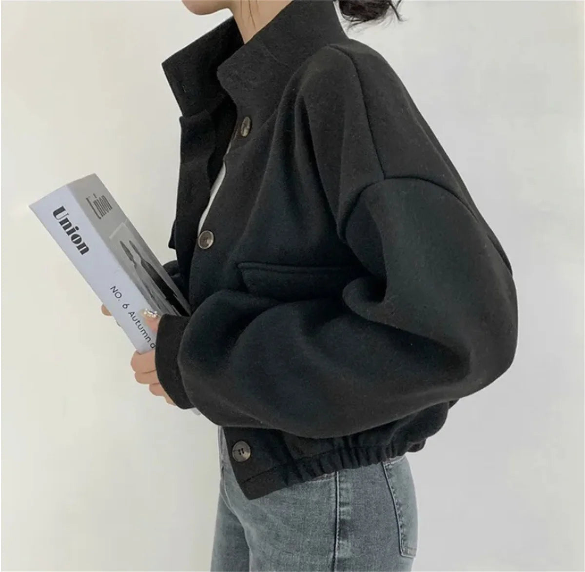 Korean Fashion Herbst Winter Mantel Frauen Neue In Stehen Neck Feste Taste Lose Jacke Dame Casual Straße Outwear Vintage Kleidung.