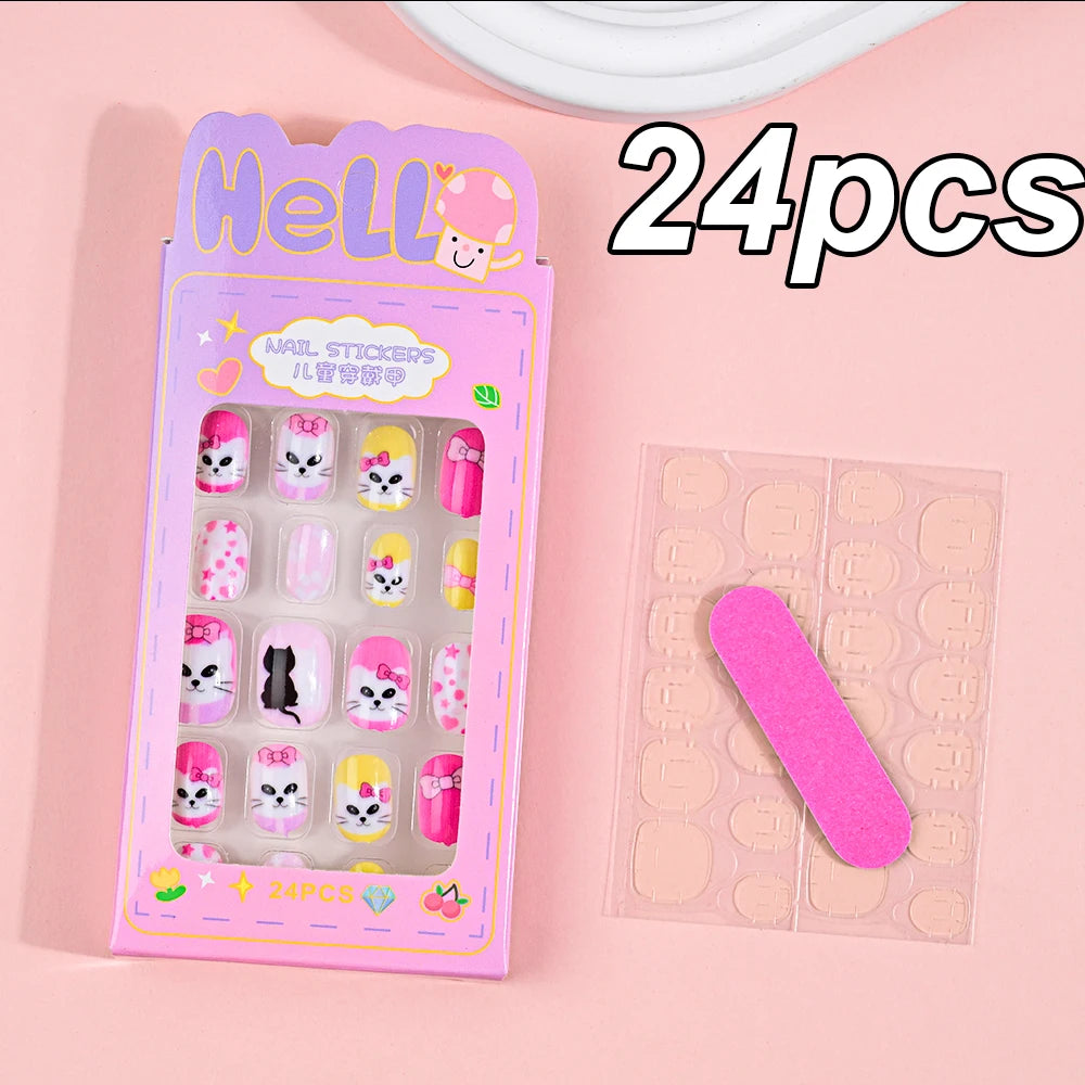 120pcs/box Pink Cartoon Children Press On Nails Candy Color Unicorn Cat Bunny Kids Full Cover False Nail Girls Party Nail Decora