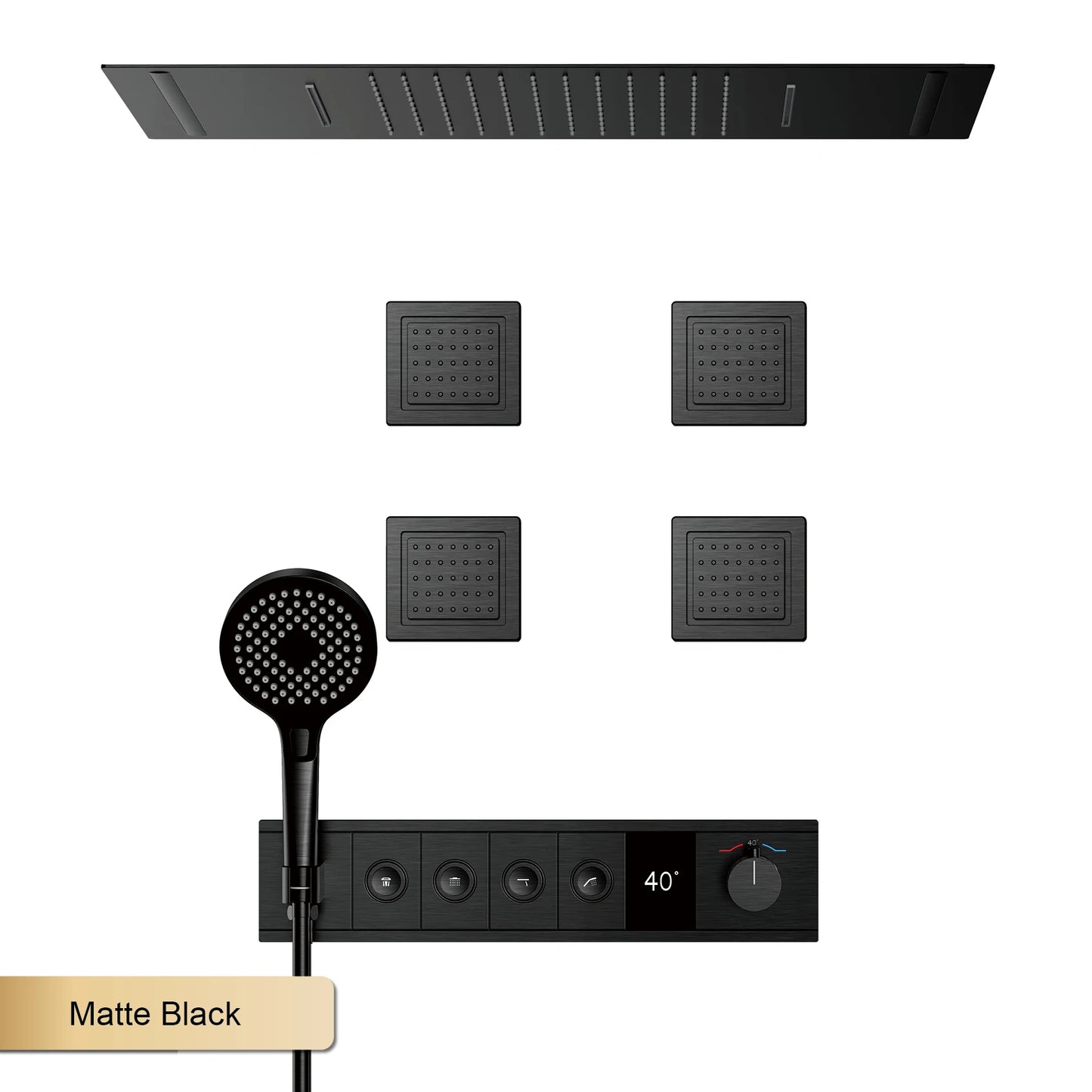 Deckenmontiertes thermostatisches LED-Digitalanzeige-Duschsystem. Eingebetteter Badmischer aus Messing im Wasserfallstil für heißes und kaltes Wasser
