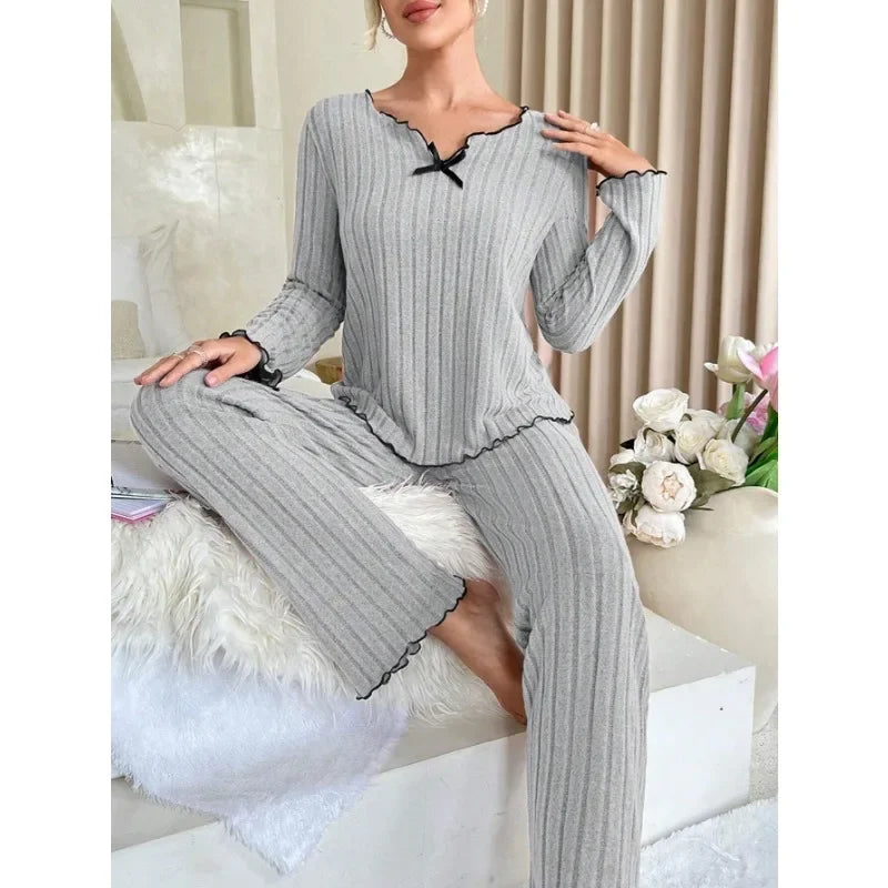 Women Autumn Winter Sleepwear Ribbed Pajamas Set Long Sleeve Top and Long Pants 2 Piece Set Casual Homewear Loungewear.