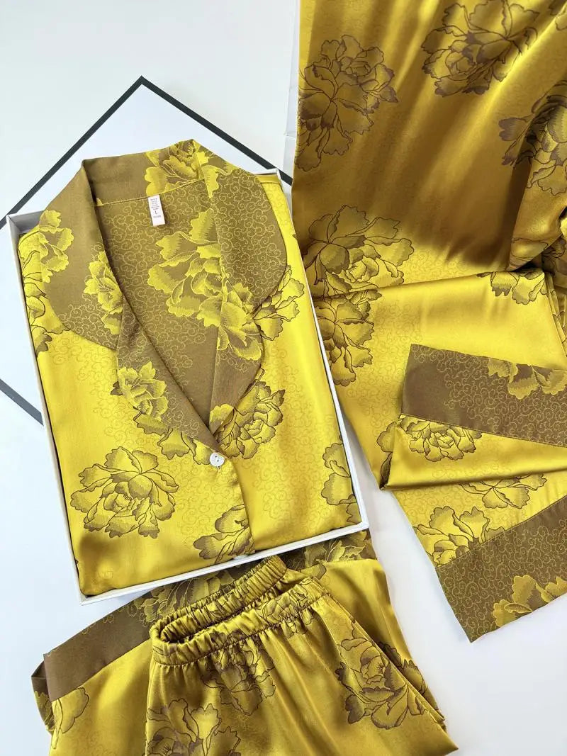 Chinese Style Print Flower 3PCS Pajamas Set Loungewear Summer New Women Sleepwear Short Sleeve Trouser Suit Silk Satin Homewear.