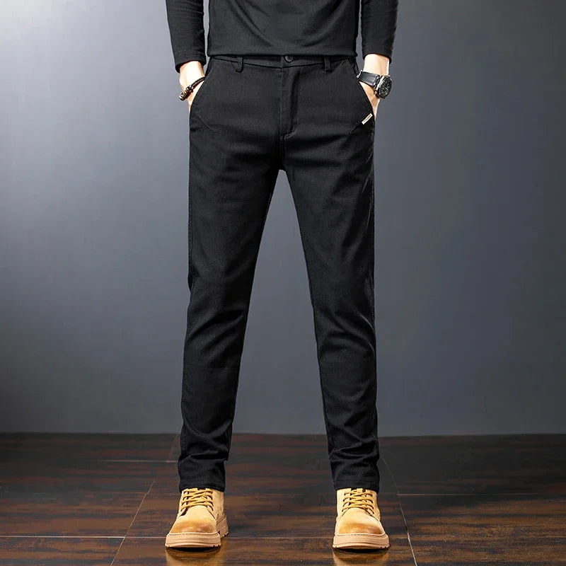 Men's Twill Slim Pants Business Straight Cotton Casual Trousers Brand Fashion Korean Elastic Coffee Black Gray Pant
