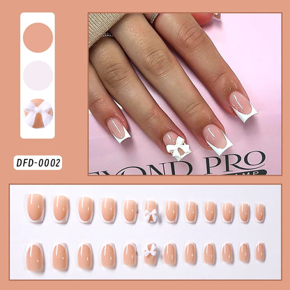 24Pcs White French Press On Nails 3D Bow Design Full Cover Wearable False Nails Short Square Head Ballet Fake Nails For Women.
