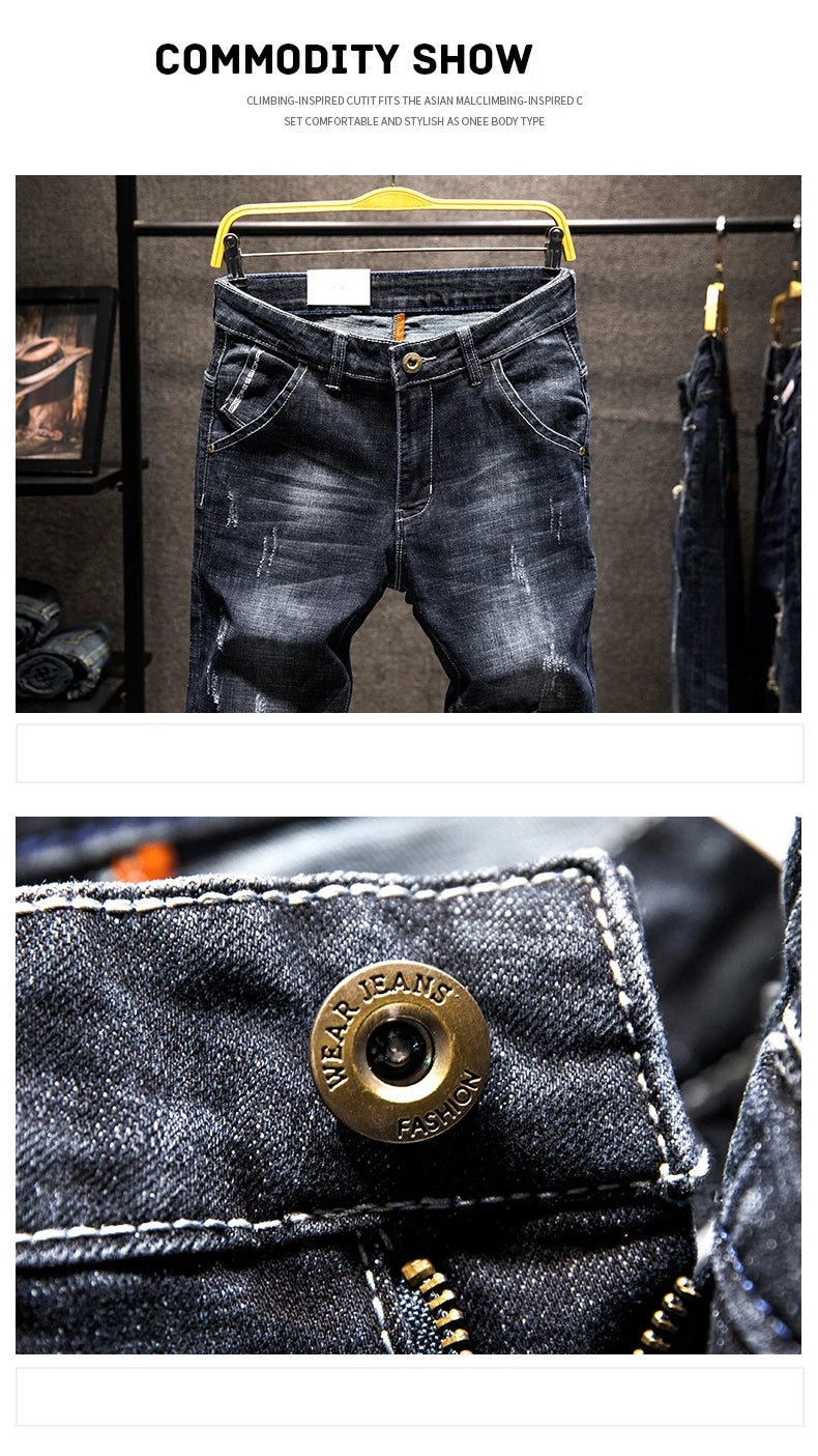 New Men's Fashion Ripped Jeans Stretch Slim Straight Little Feet Pants Hip Hop Youth Streetwear Punk Personality Male Trousers.