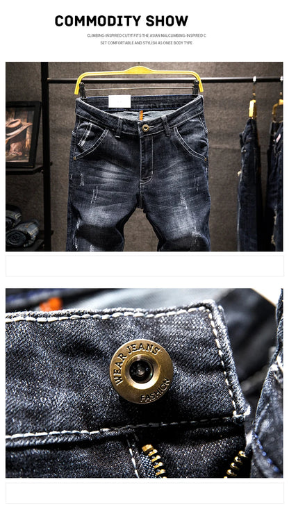 New Men's Fashion Ripped Jeans Stretch Slim Straight Little Feet Pants Hip Hop Youth Streetwear Punk Personality Male Trousers.