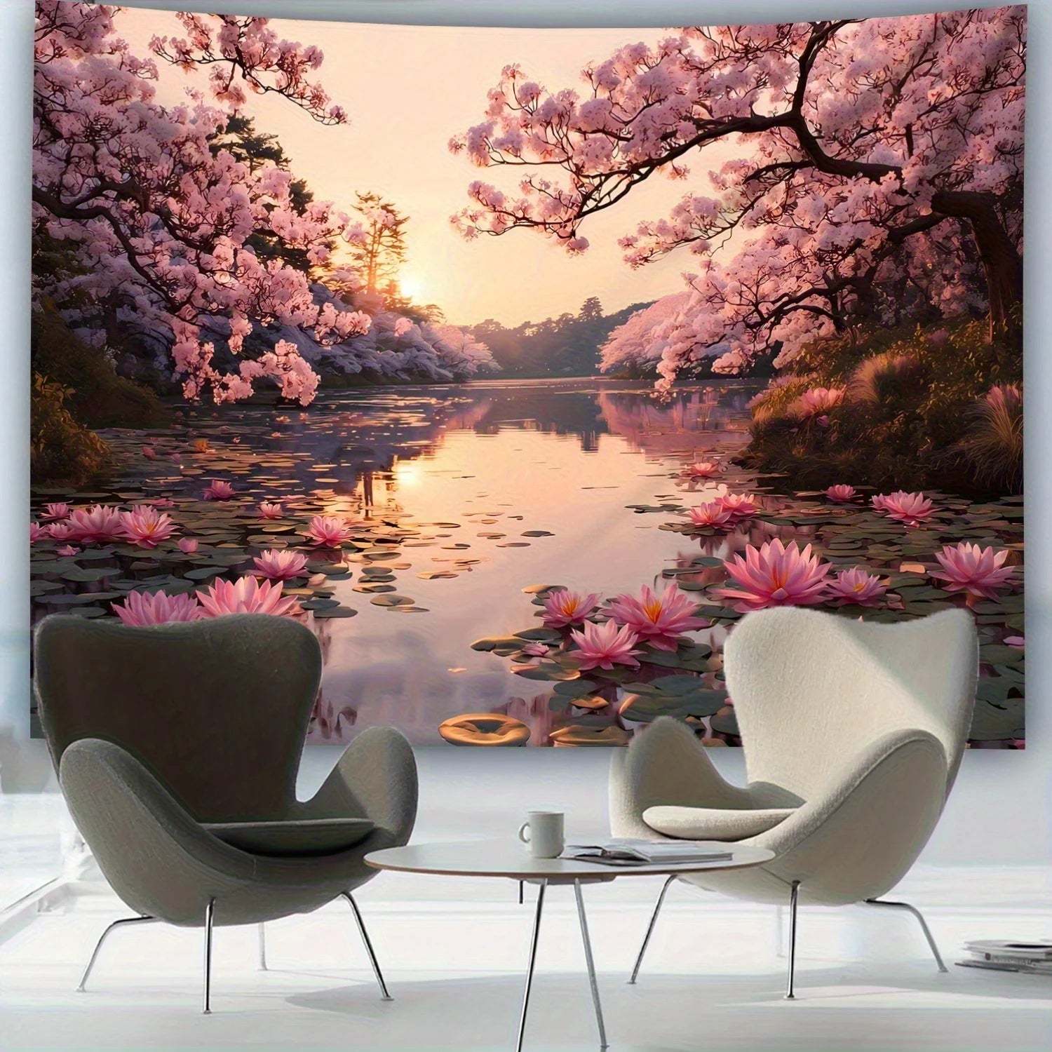 [Beautiful Landscape Tapestry] Extra Large Size - Beautiful Lotus and Cherry Blossom Lake Landscape Photo Tapestry | Polyester A.