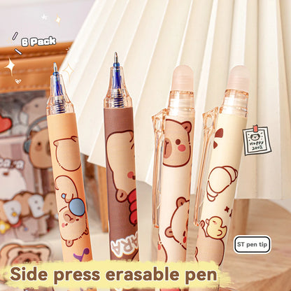 Capybara löschbare Stifte, 6 Stück, nachfüllbare Tinte, Gelstift, wischfrei, niedliches Tier, Schulbedarf für Studenten, Büro, Schreibwaren, Geschenke.