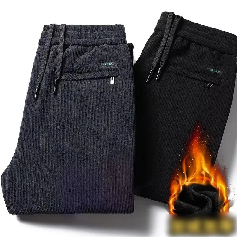 Black gray men's corduroy casual pants with drawstring, thick elastic business pants, mid waist brand winter warm pants.