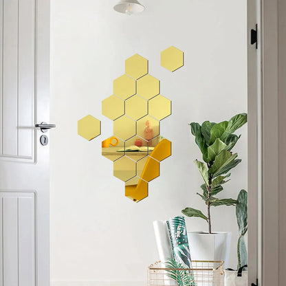 12PCS/Lot Removable Geometric Mirror Wall Stickers - Solid Hexagonal Shape, DIY with Built-in Adhesive for Home Decoration.