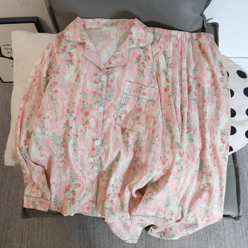 Autumn and Winter Pajamas Women Long Sleeve Pants Cardigan Sweet Print Cartoon Student Plus Size Loungewear Two-Piece Set.